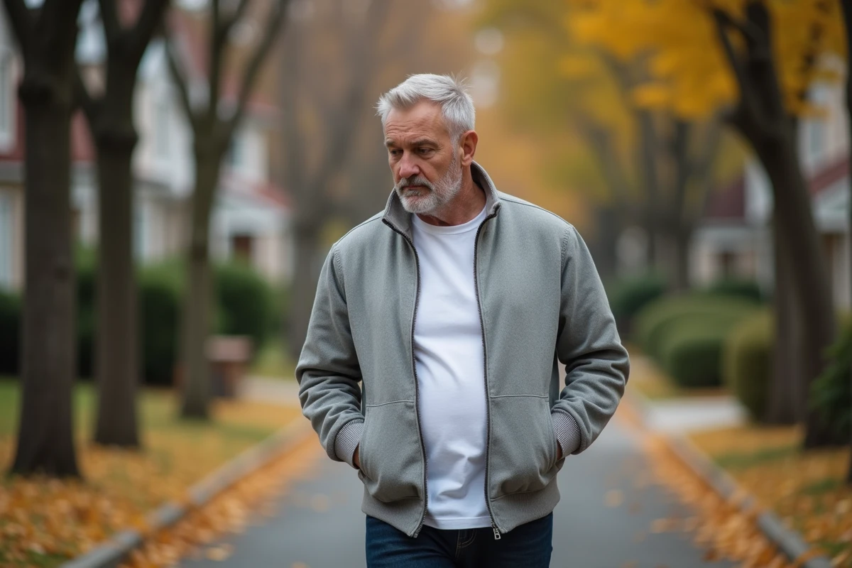 Homme marchant seul dans une allée résidentielle en automne, évoquant la discrétion et la vie familiale d'Olivier Dauvers