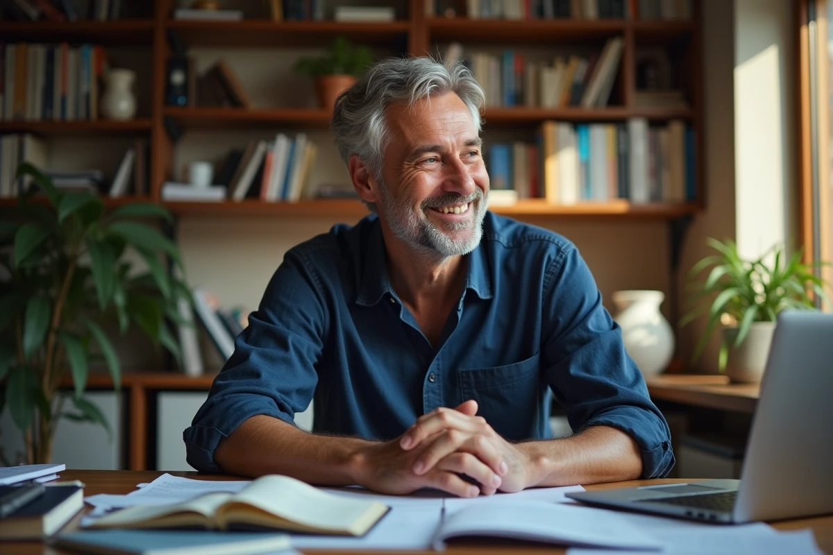 Olivier Dauvers dans son bureau à domicile, souriant avec des documents de travail autour de lui, ambiance intimiste et personnelle