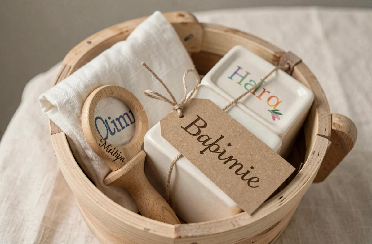 Panier cadeau naissance personnalisé avec hochet gravé, plaid brodé et boîte souvenir sur bois clair