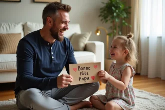 Papa souriant recevant un dessin fait main de sa fille pour la fête des pères dans un salon chaleureux