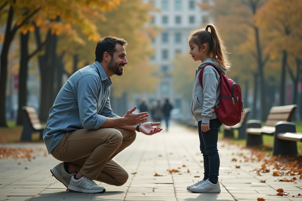 Pere et fille en discussion dans un parc urbain