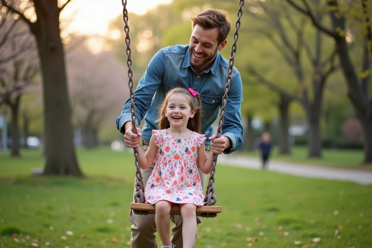 Père poussant sa fille en balançoire dans un parc verdoyant