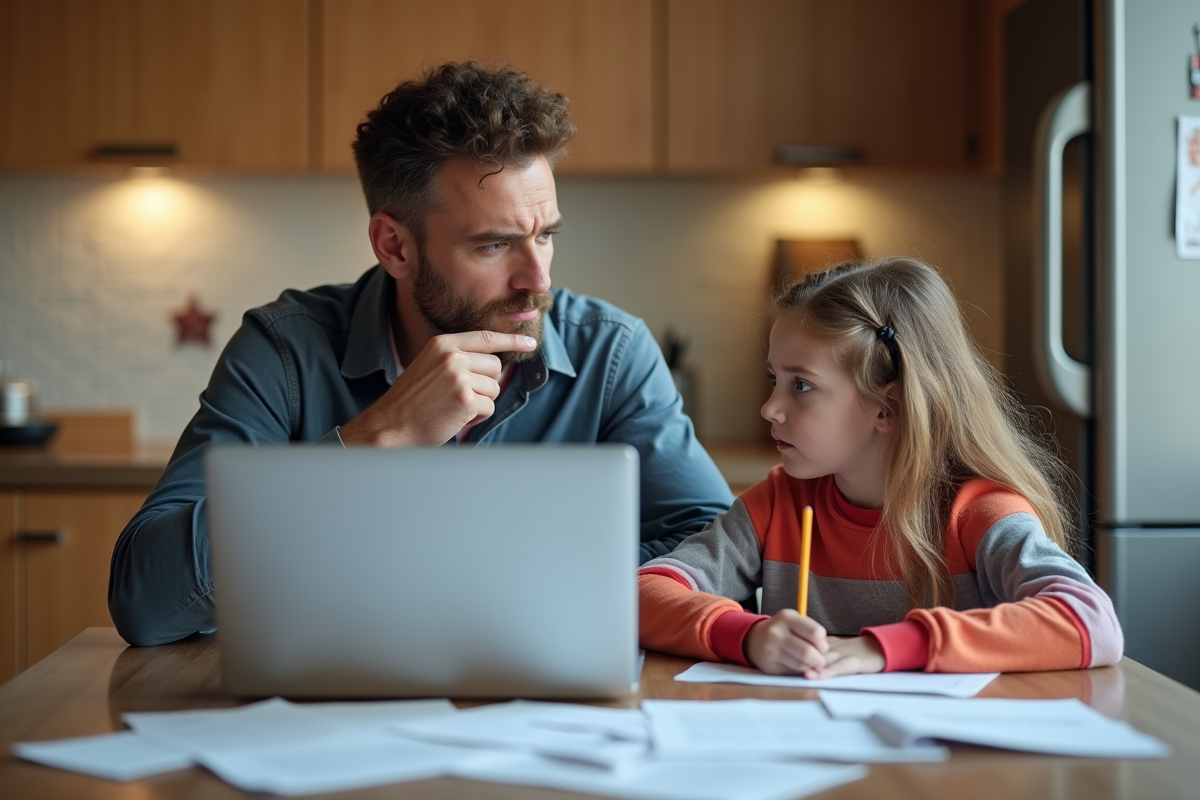 Père stressé au travail avec sa fille qui dessine à la cuisine