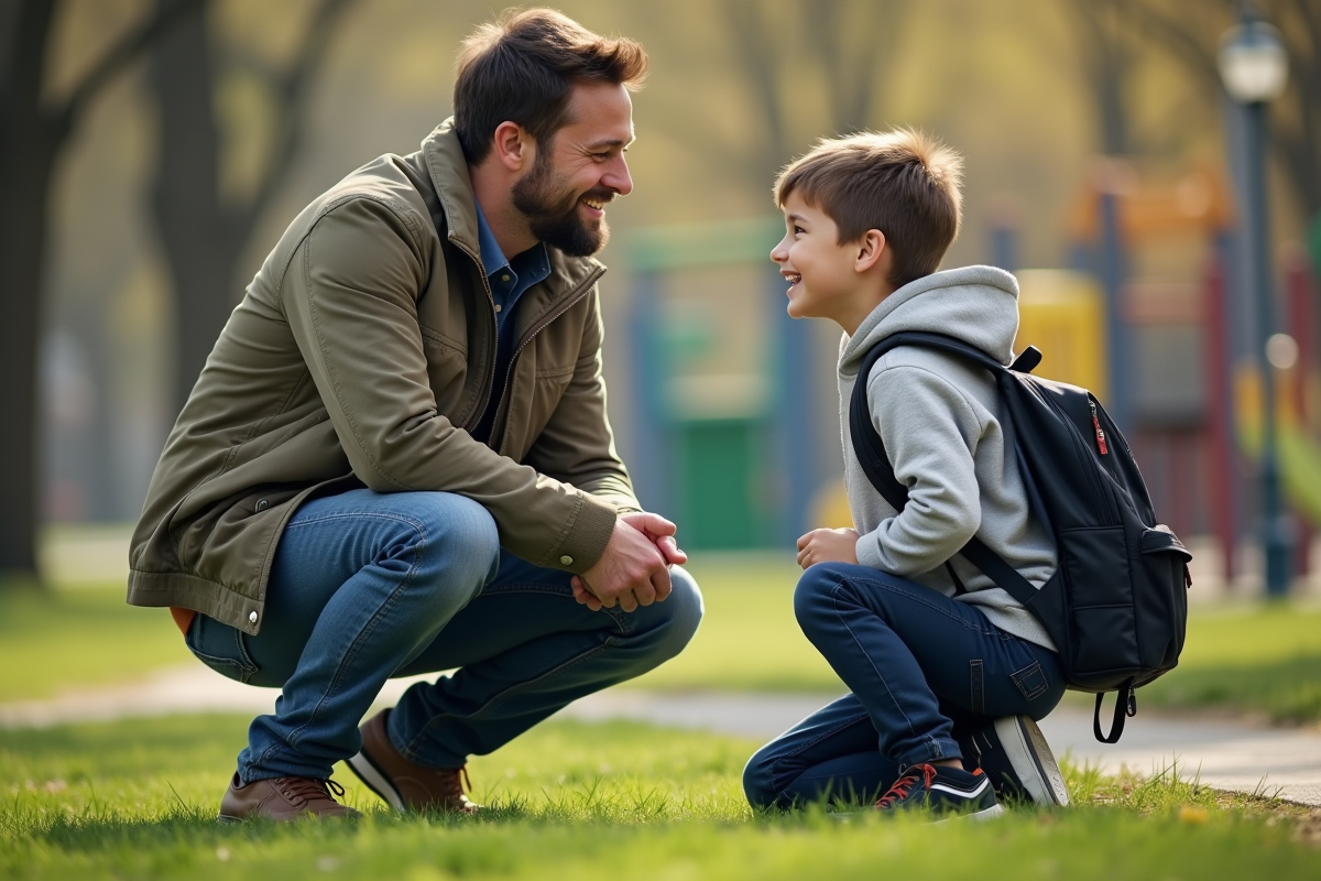 Père et fils dans un parc urbain en pleine discussion