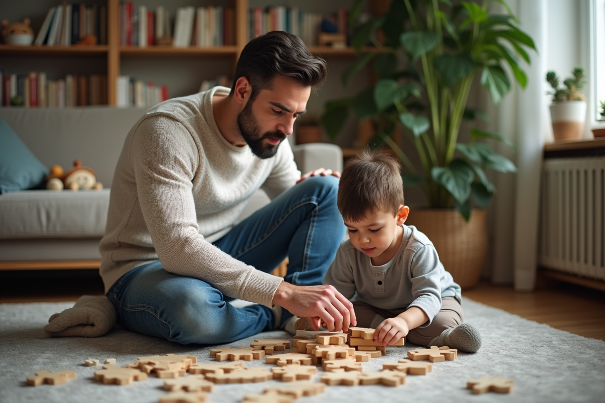 Père et fils construisant un puzzle dans le salon familial