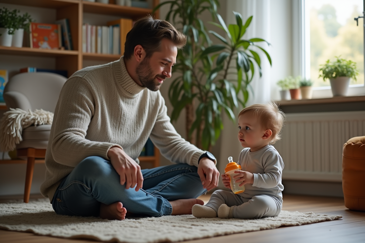 Père et jeune enfant jouant avec un gobelet dans le salon cosy