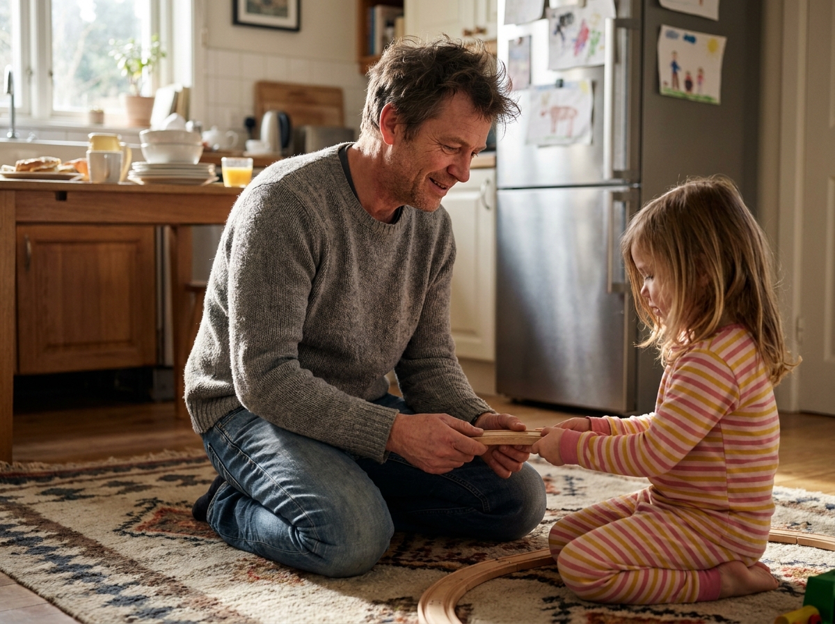 Père et fille construisant un train en bois dans la cuisine