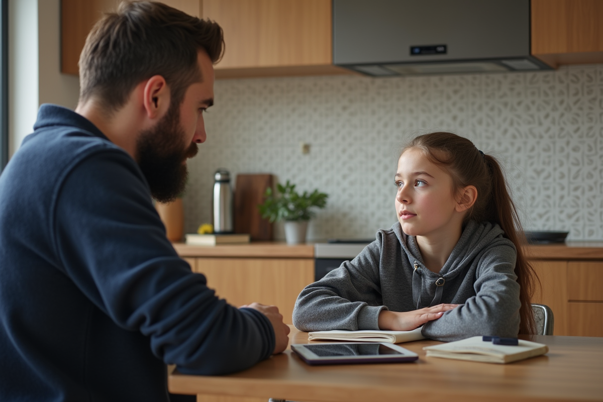 Père et fille discutant à la table de cuisine avec livres et tablette