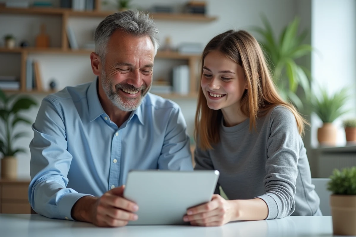 Père et fille discutant sur une tablette dans un bureau à domicile