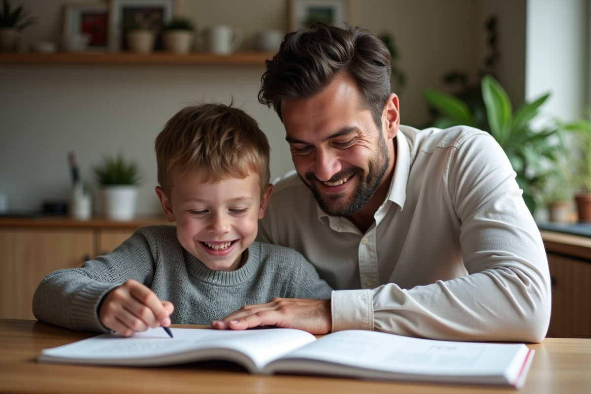 Père et fils apprenant à lire ensemble à la table de cuisine