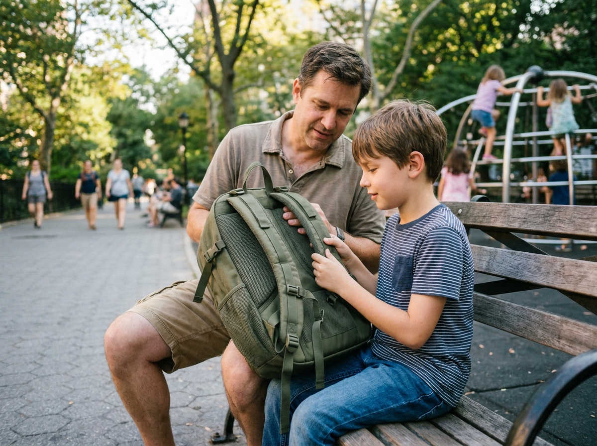 Père et fils examinant un sac à dos dans un parc