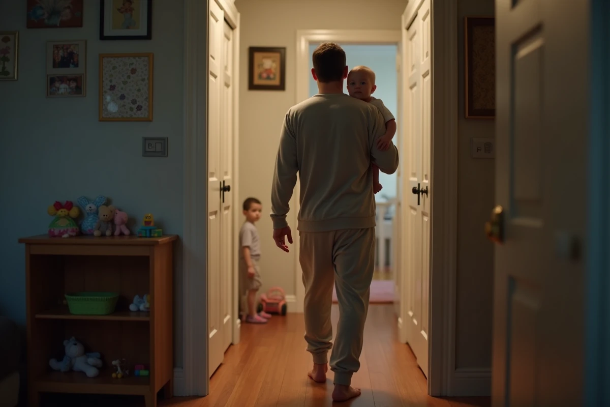 Pere fatigué portant son bébé dans le couloir