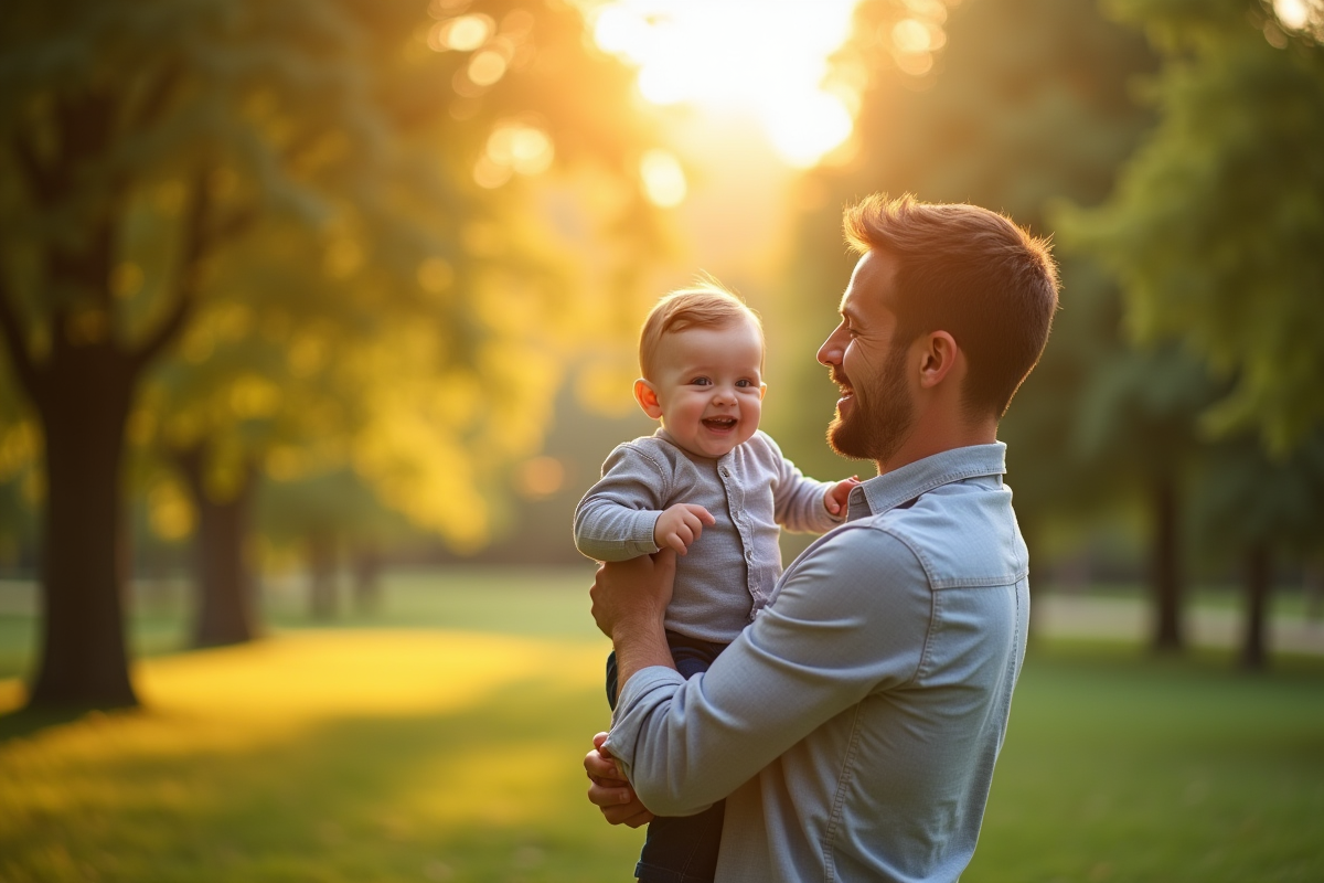 Père tenant son bébé dans un parc ensoleille