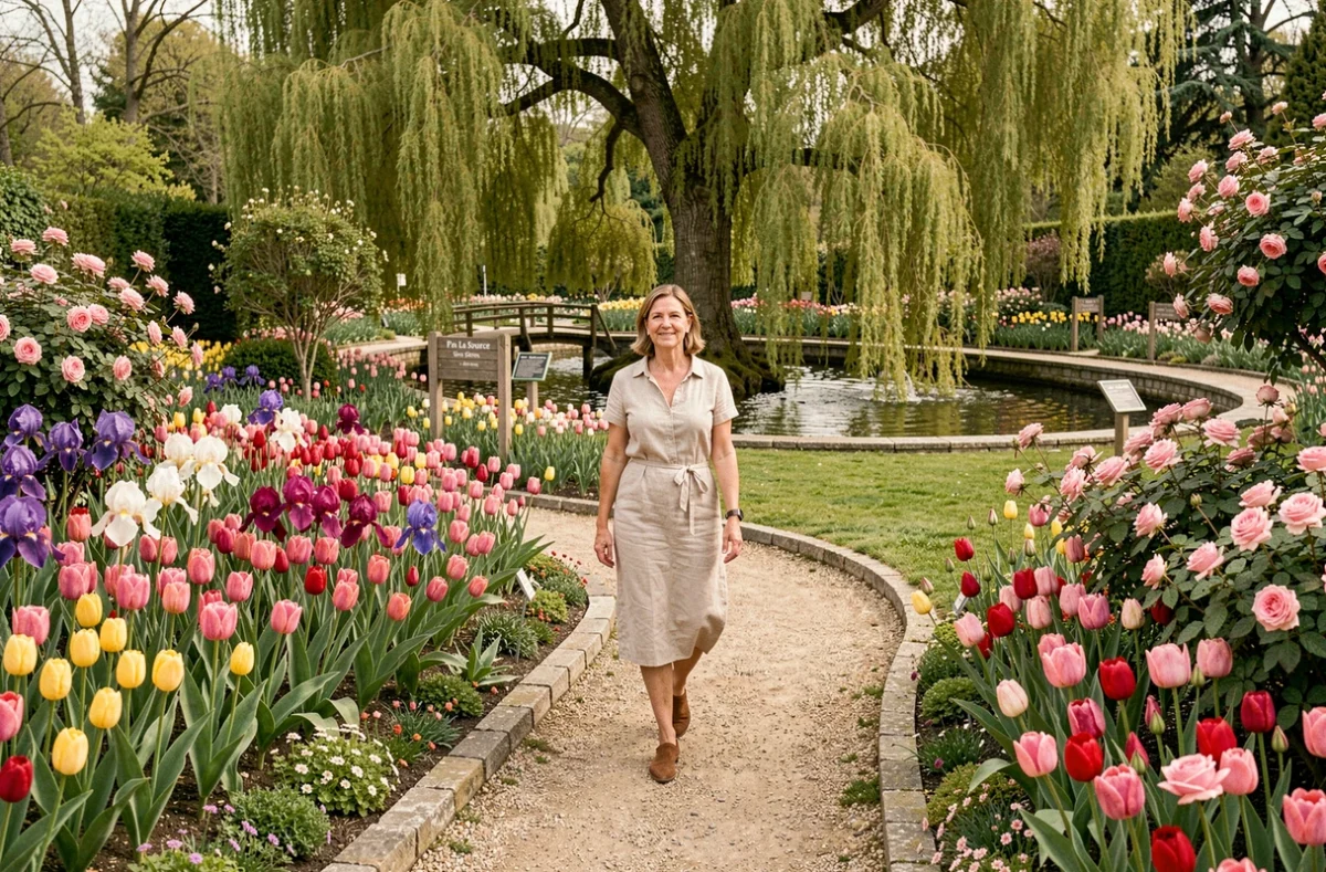 Une femme se promenant sur un chemin fleuri parmi les massifs colorés du Parc Floral de La Source à Orléans