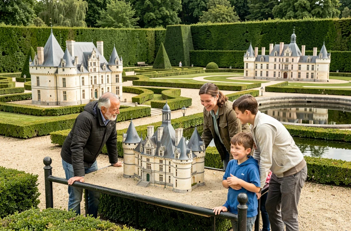 Famille observant les maquettes détaillées des châteaux de la Loire au Parc Mini-Châteaux