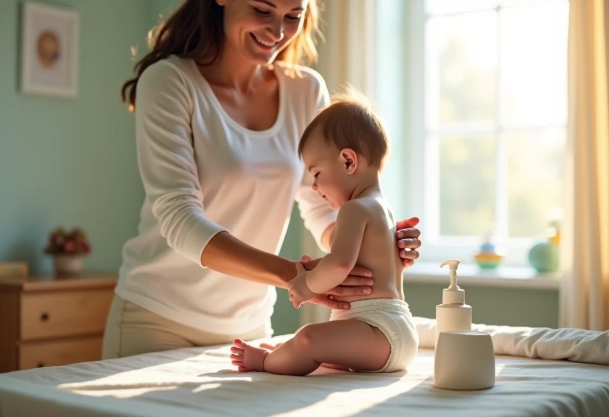 Parent changeant bébé dans une nurserie lumineuse