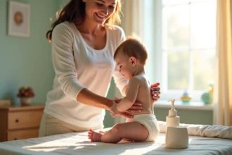 Parent changeant bébé dans une nurserie lumineuse