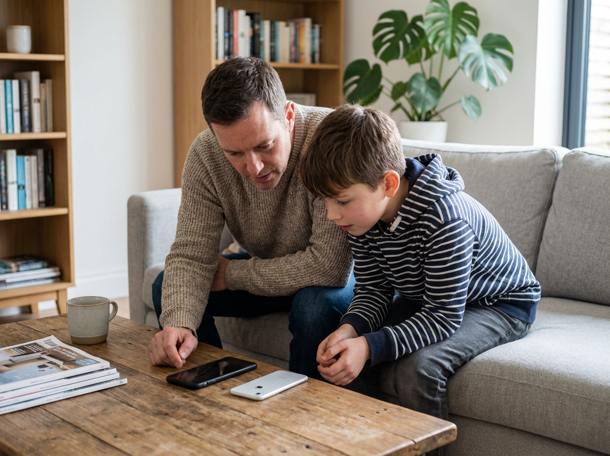 Parent et enfant de 6ème comparant deux modèles de téléphones sur une table basse au salon