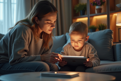 Parent retire doucement la tablette à un enfant dans un salon moderne
