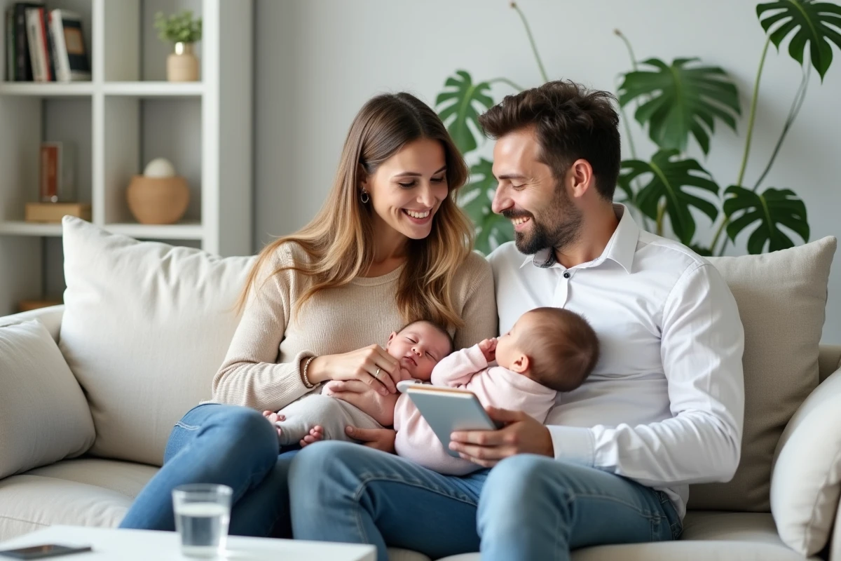 Couple de parents discutant sereinement ensemble pendant une tétée, le co-parent prenant des notes pour mieux accompagner les pics de croissance de leur bébé allaité
