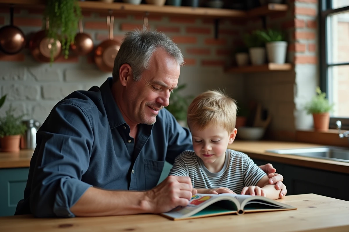 Parrain attentionné lisant un livre illustré avec son filleul à une table en bois dans une cuisine authentique et chaleureuse