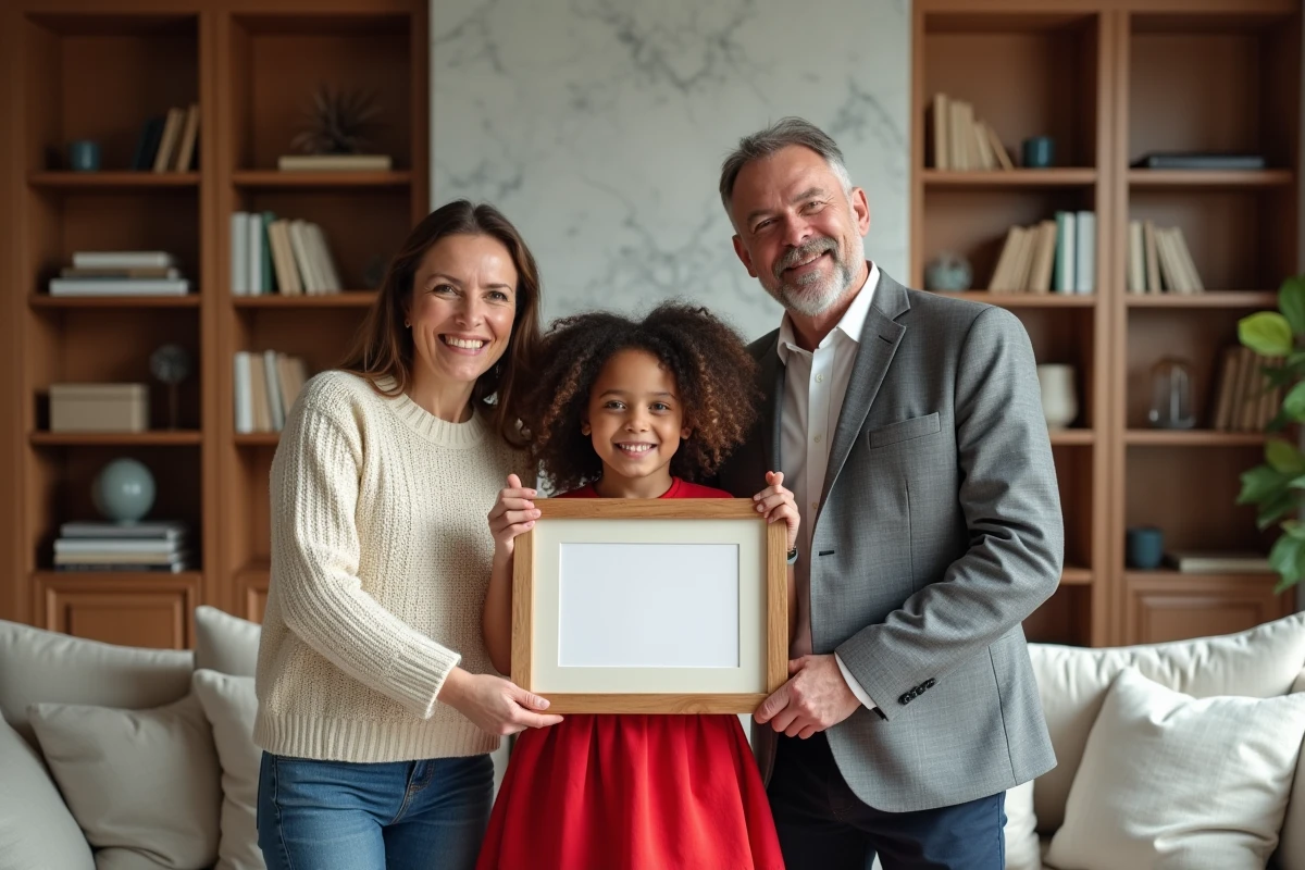 Parrain et marraine offrant un certificat encadré à leur filleule souriante dans un salon élégant aux tons neutres