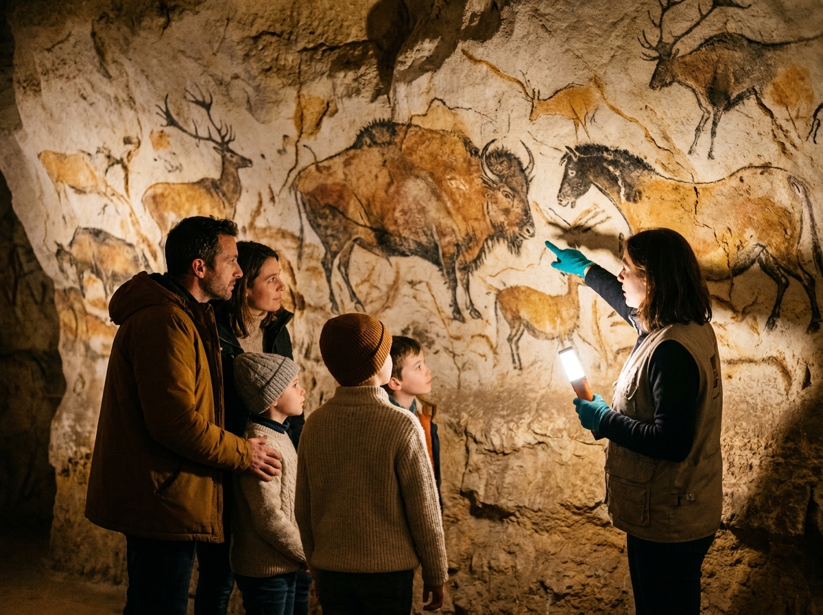 Famille découvrant des peintures rupestres préhistoriques dans un site du Périgord