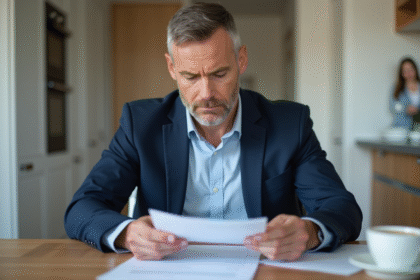 Père en costume vérifiant documents de pension alimentaire