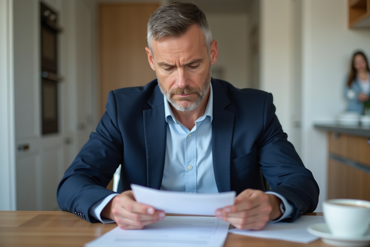 Père en costume vérifiant documents de pension alimentaire