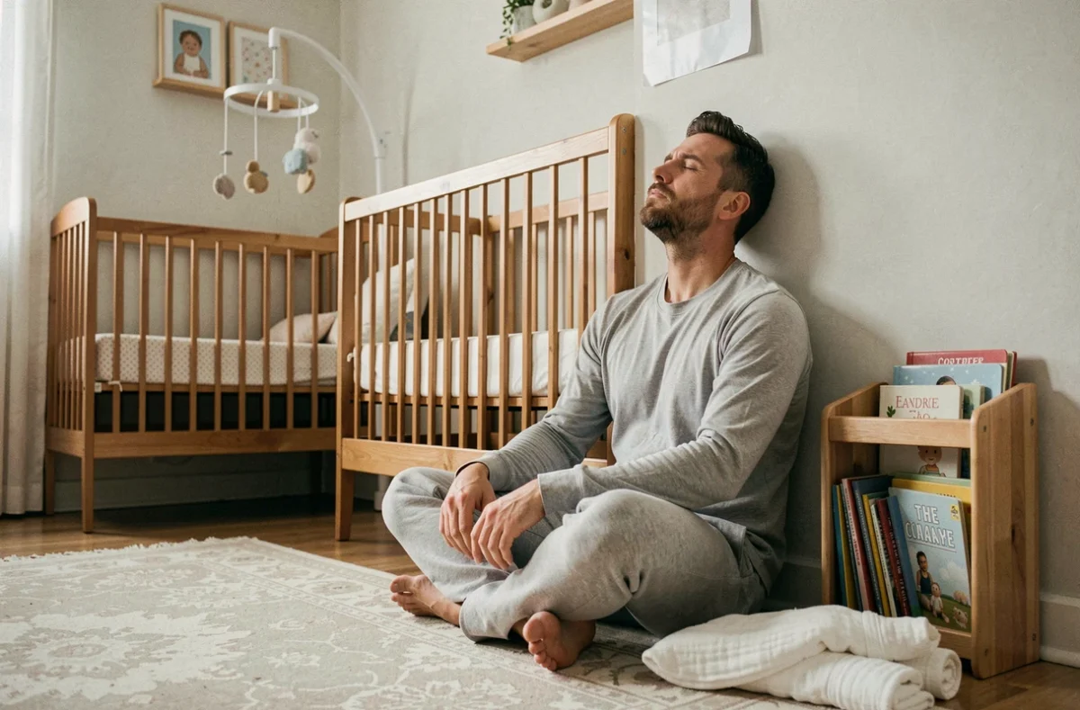 Père épuisé assis sur le sol de la chambre de bébé, adossé contre le mur près du berceau, illustrant la fatigue parentale liée aux nuits difficiles