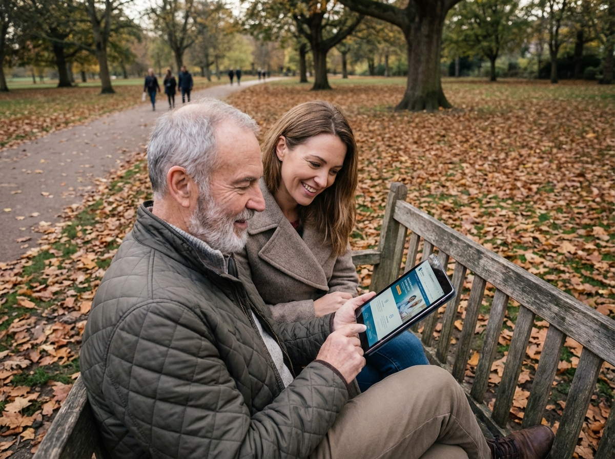 Père et fille discutent santé sur un banc dans un parc