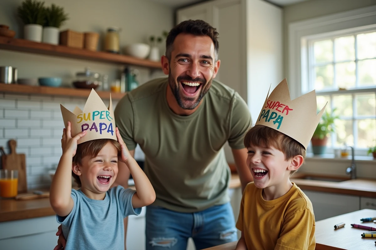 Père et ses deux fils hilares dans la cuisine tenant des couronnes en papier Super Papa pour la fête des pères