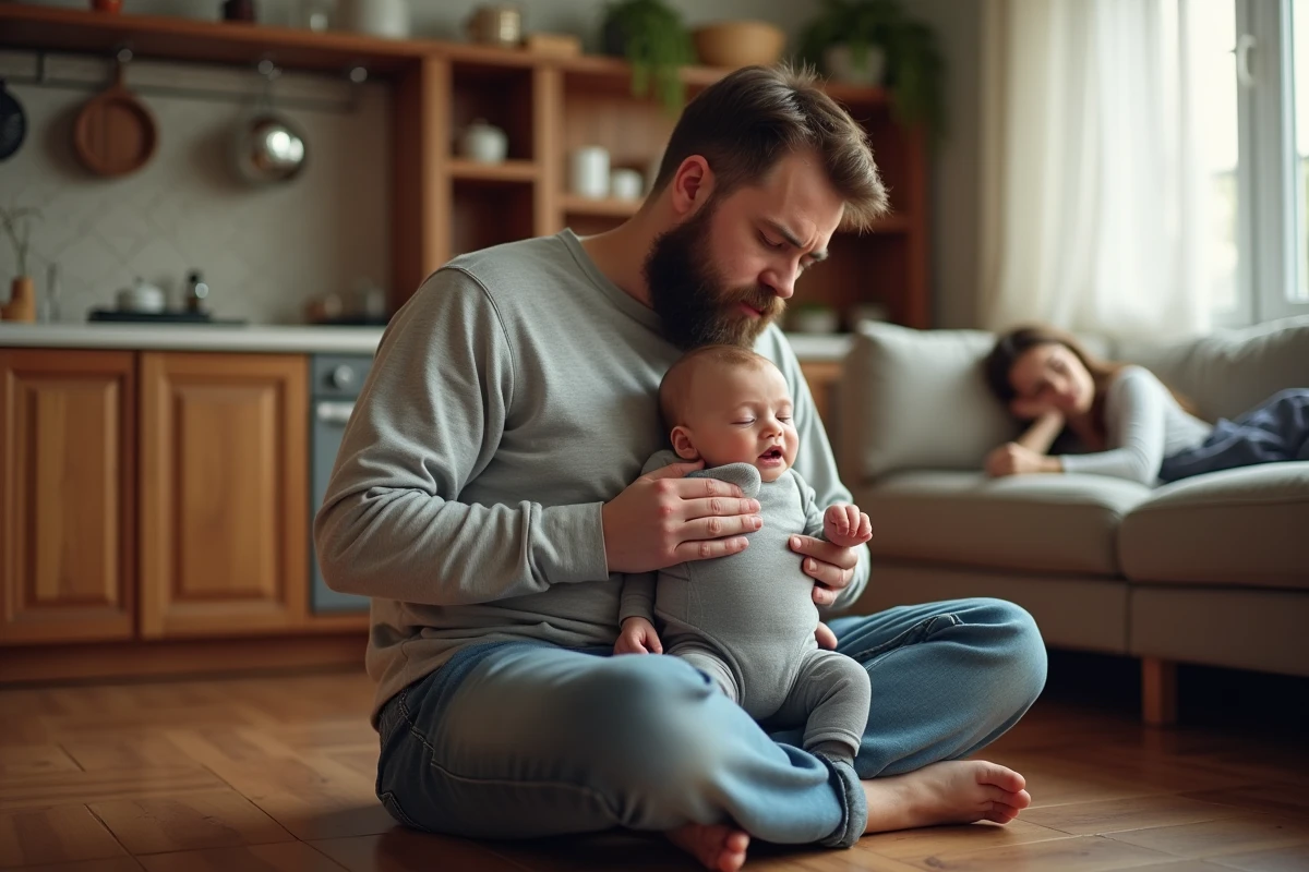 Père portant son nourrisson en écharpe dans la cuisine pendant que la mère se repose, montrant l'implication du co-parent lors des pics de croissance allaitement