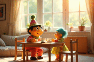 Personnage poupée souriant avec chapeau coloré dans une salle ensoleillée