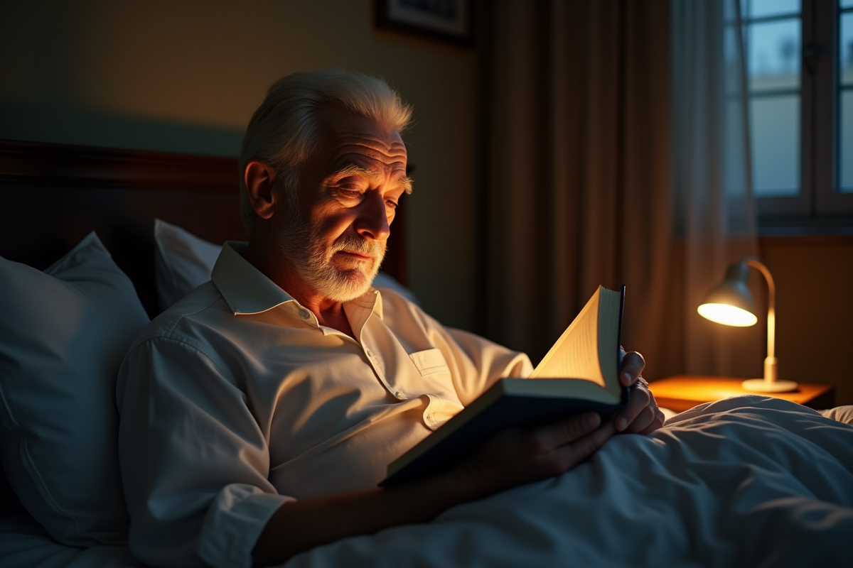 Personne agee lisant un livre dans une chambre calme et chaleureuse