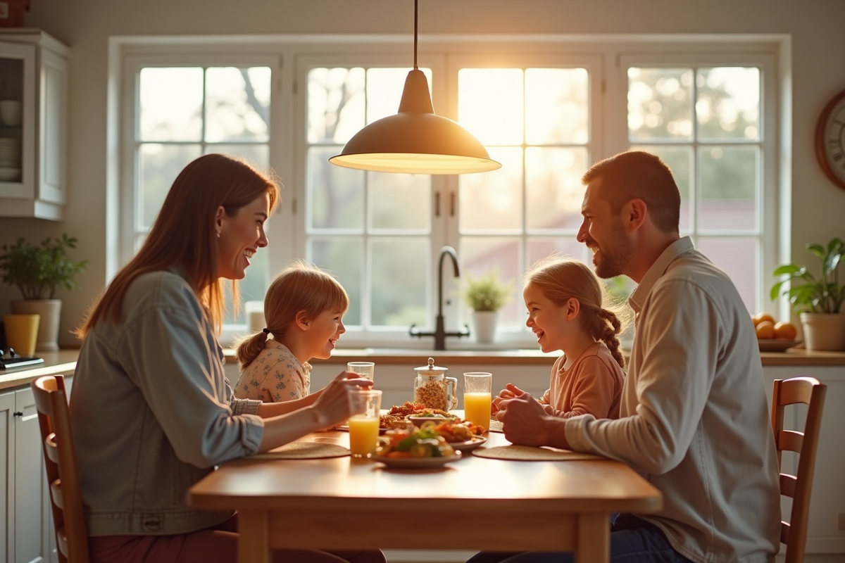 Petit déjeuner familial dans une cuisine lumineuse et moderne
