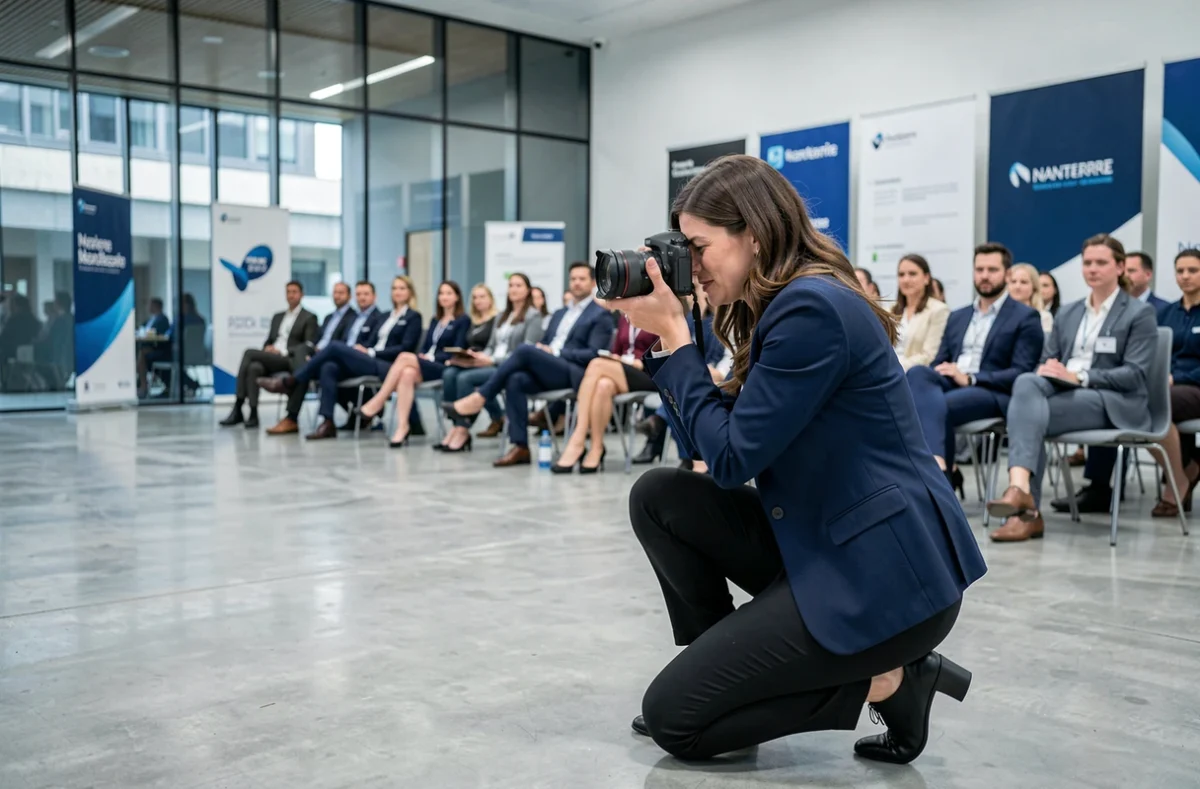 Photographe professionnelle captant un événement d'entreprise dans une salle moderne à Nanterre