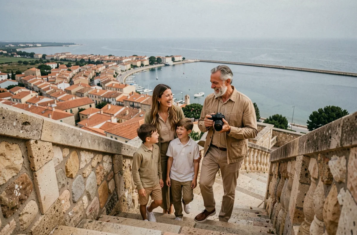 Photographe de famille sur les escaliers du Cimetière Marin de Sète avec vue panoramique sur la ville