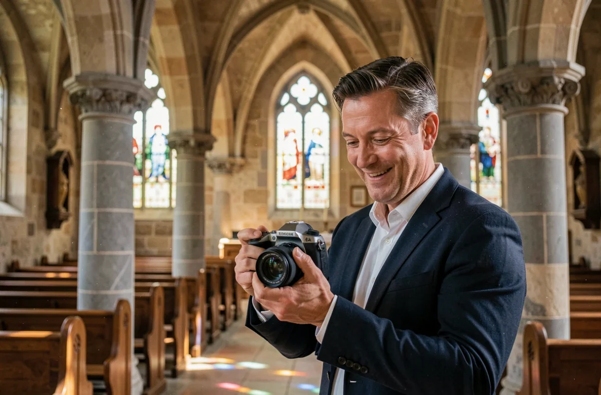 Photographe de mariage consultant ses photos dans une église bretonne historique à Hennebont