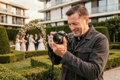 Photographe professionnel en train de travailler lors d'un mariage en extérieur à Nanterre