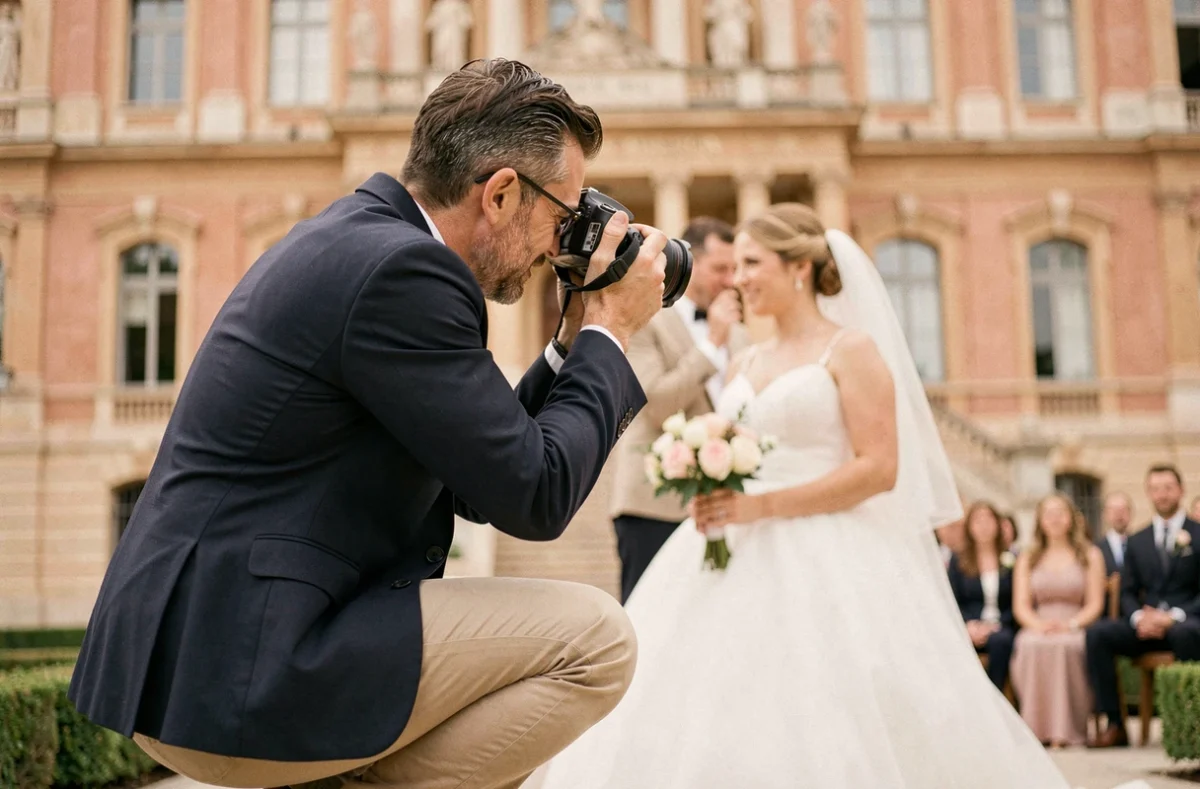Photographe de mariage professionnel en action devant le Capitole de Toulouse capturant les mariés lors d'une cérémonie en plein air