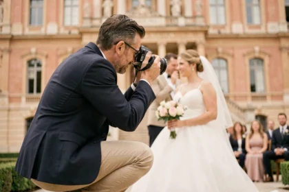 Photographe de mariage professionnel en action devant le Capitole de Toulouse capturant les mariés lors d'une cérémonie en plein air