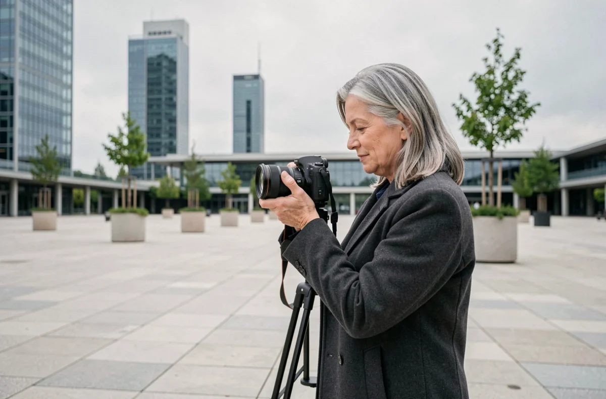 Photographe professionnelle préparant une séance photo de famille en extérieur à Nanterre près de La Défense