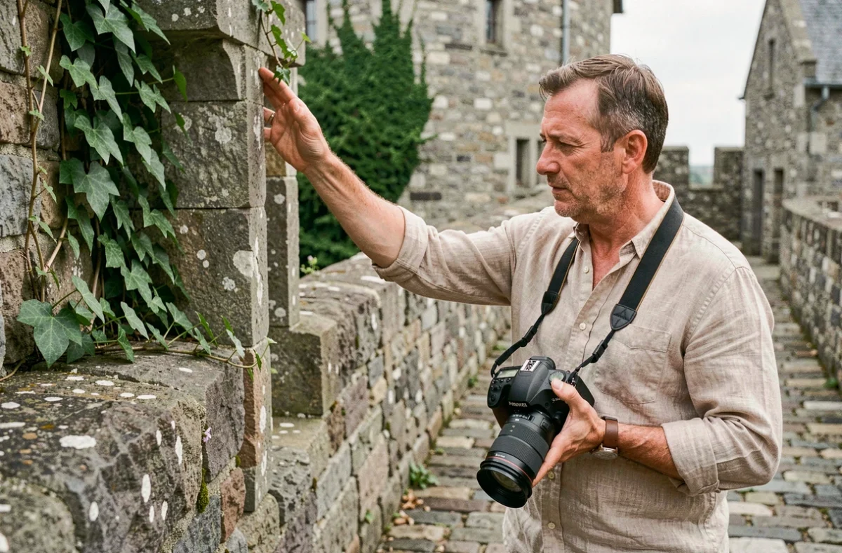 Photographe professionnel se promenant le long des remparts historiques d'Hennebont avec son appareil photo