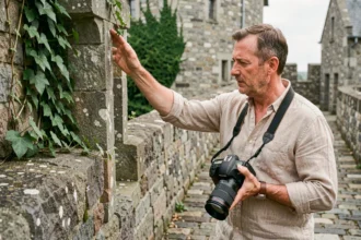 Photographe professionnel se promenant le long des remparts historiques d'Hennebont avec son appareil photo