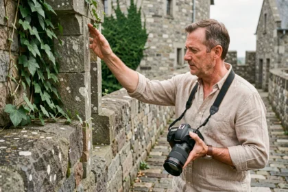 Photographe professionnel se promenant le long des remparts historiques d'Hennebont avec son appareil photo