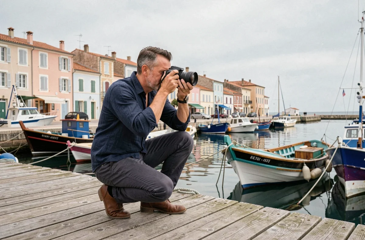 Photographe professionnel sur le quai de Sète capturant les bateaux de pêche colorés dans le port méditerranéen