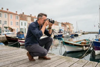 Photographe professionnel sur le quai de Sète capturant les bateaux de pêche colorés dans le port méditerranéen