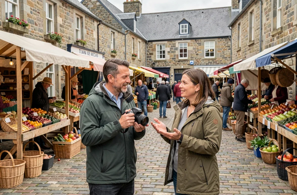 Deux photographes professionnels discutant en plein marché dans le centre-ville d'Hennebont