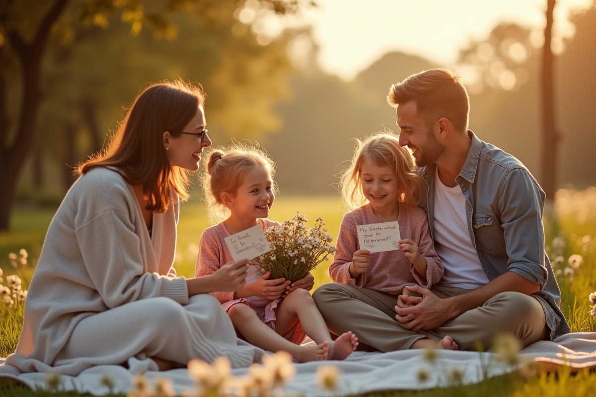 Famille lors d un pique-nique dans un jardin ensoleille